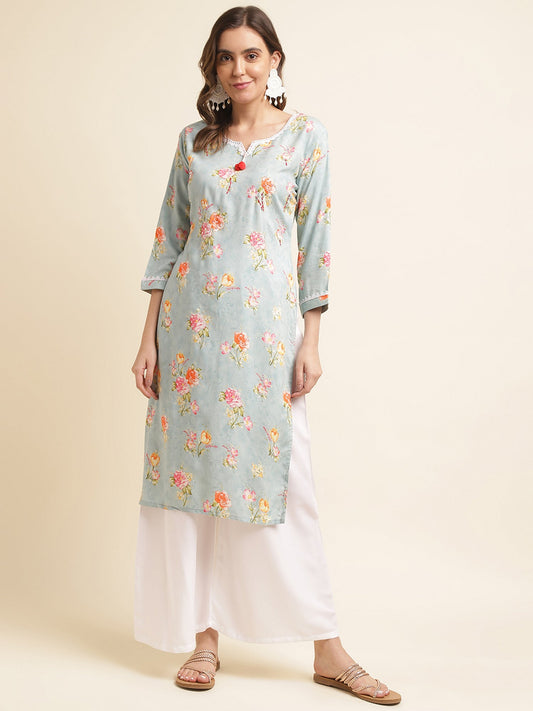 Sky-Blue Floral Printed Straight Kurta - Buy Best Ethnic Wear for Women & Girls | Daily Woman -