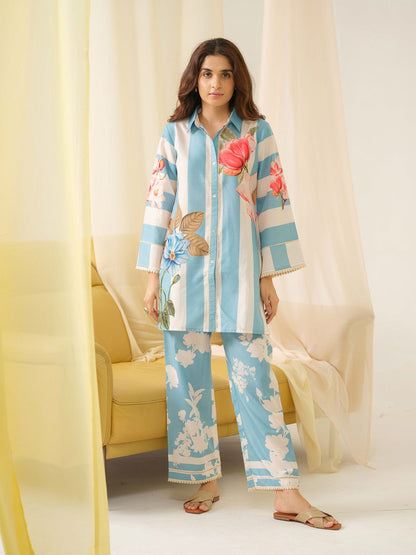 Sky-blue Printed Linen Shirt With Trousers - Buy Best Ethnic Wear for Women & Girls | Daily Woman - 