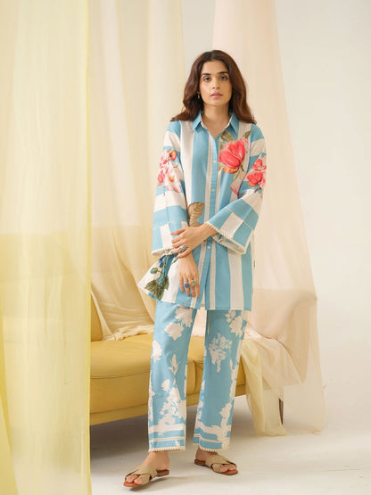 Sky-blue Printed Linen Shirt With Trousers - Buy Best Ethnic Wear for Women & Girls | Daily Woman - 