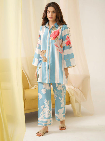 Sky-blue Printed Linen Shirt With Trousers - Buy Best Ethnic Wear for Women & Girls | Daily Woman - 