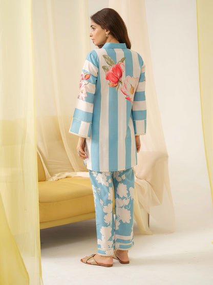 Sky-blue Printed Linen Shirt With Trousers - Buy Best Ethnic Wear for Women & Girls | Daily Woman - 