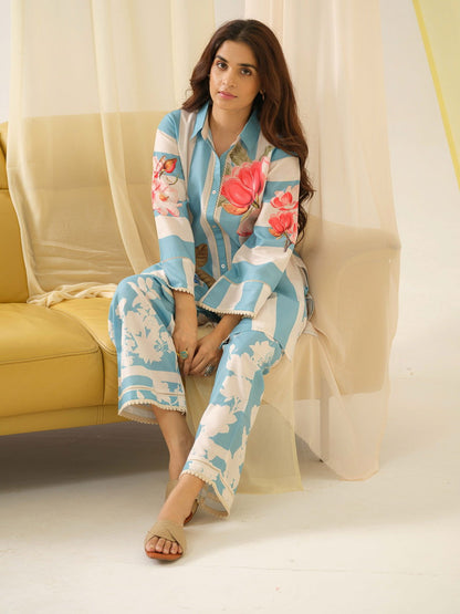 Sky-blue Printed Linen Shirt With Trousers - Buy Best Ethnic Wear for Women & Girls | Daily Woman - 