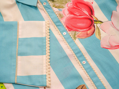 Sky-blue Printed Linen Shirt With Trousers - Buy Best Ethnic Wear for Women & Girls | Daily Woman - 