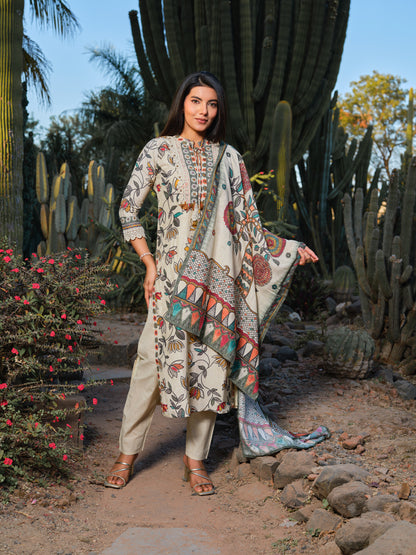 Women Floral Printed Regular Thread Work Kurta with Trousers & With Dupatta