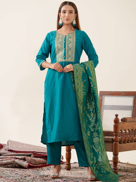 Teal Color Poly Chinon Ethnic Motifs Woven Design Zari Regular Kurta with Trousers & Banarasi Dupatta - Buy Best Ethnic Wear for Women & Girls | Daily Woman - 