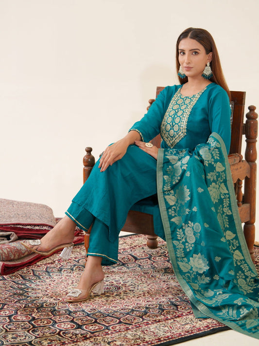Teal Color Poly Chinon Ethnic Motifs Woven Design Zari Regular Kurta with Trousers & Banarasi Dupatta - Buy Best Ethnic Wear for Women & Girls | Daily Woman - 