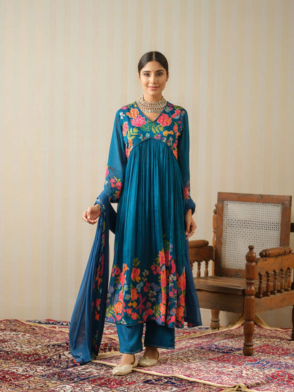 Teal Embroidered Calf Length Festive Kurti and Trousers With Dupatta - Buy Best Ethnic Wear for Women & Girls | Daily Woman - 
