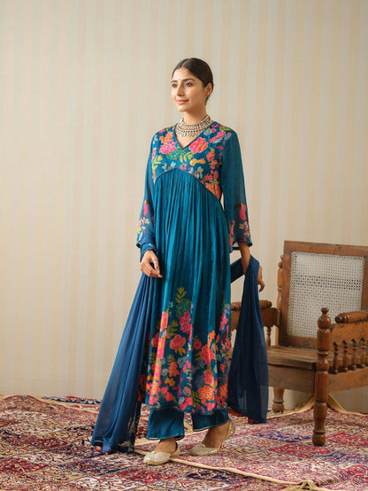 Teal Embroidered Calf Length Festive Kurti and Trousers With Dupatta - Buy Best Ethnic Wear for Women & Girls | Daily Woman - 