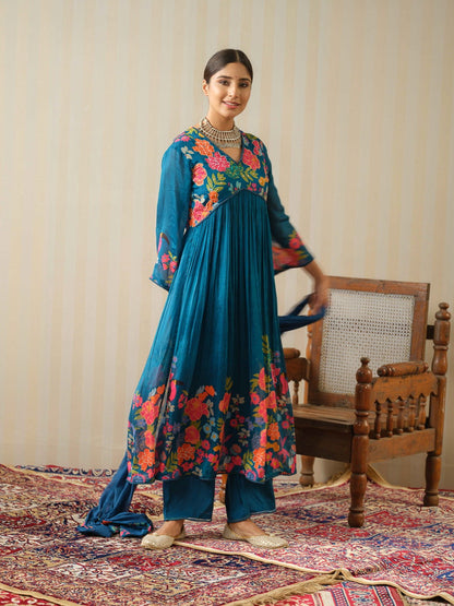 Teal Embroidered Calf Length Festive Kurti and Trousers With Dupatta - Buy Best Ethnic Wear for Women & Girls | Daily Woman - 