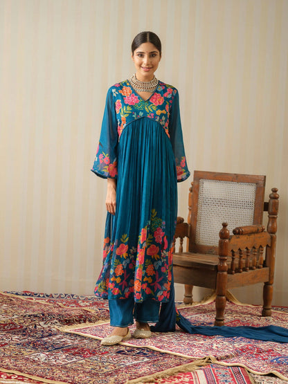 Teal Embroidered Calf Length Festive Kurti and Trousers With Dupatta - Buy Best Ethnic Wear for Women & Girls | Daily Woman - 