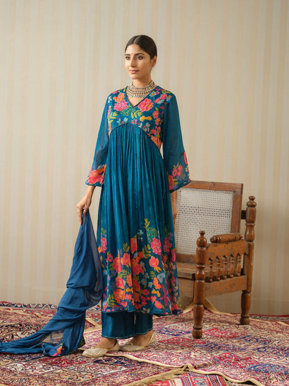 Teal Embroidered Calf Length Festive Kurti and Trousers With Dupatta - Buy Best Ethnic Wear for Women & Girls | Daily Woman - 