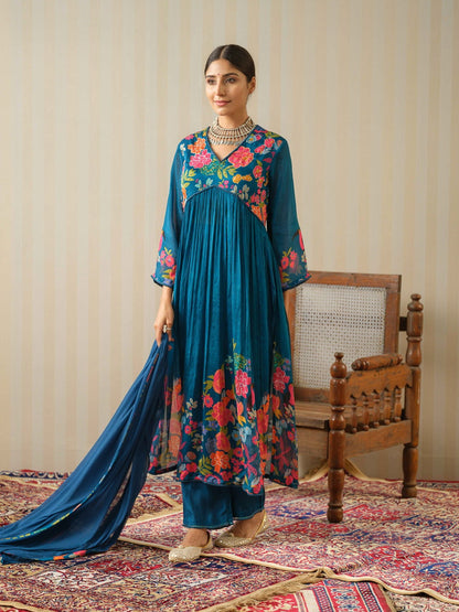 Teal Embroidered Calf Length Festive Kurti and Trousers With Dupatta - Buy Best Ethnic Wear for Women & Girls | Daily Woman - 