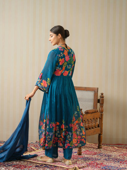 Teal Embroidered Calf Length Festive Kurti and Trousers With Dupatta - Buy Best Ethnic Wear for Women & Girls | Daily Woman - 