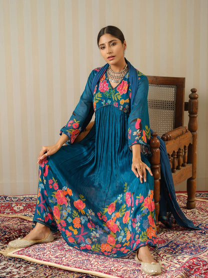 Teal Embroidered Calf Length Festive Kurti and Trousers With Dupatta - Buy Best Ethnic Wear for Women & Girls | Daily Woman - 