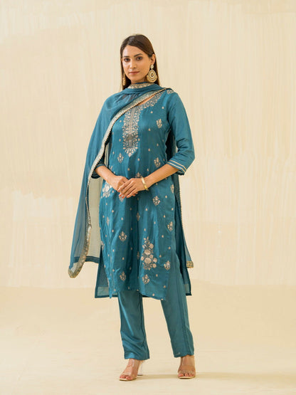 Teal Embroidered Calf Length Festive Kurti and Trousers With Dupatta - Buy Best Ethnic Wear for Women & Girls | Daily Woman - 
