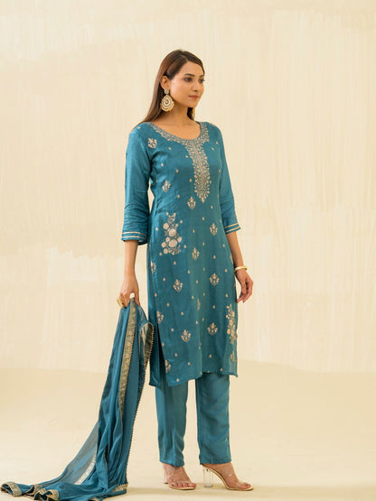 Teal Embroidered Calf Length Festive Kurti and Trousers With Dupatta - Buy Best Ethnic Wear for Women & Girls | Daily Woman - 