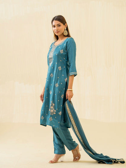 Teal Embroidered Calf Length Festive Kurti and Trousers With Dupatta - Buy Best Ethnic Wear for Women & Girls | Daily Woman - 