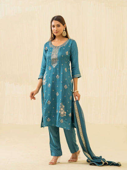 Teal Embroidered Calf Length Festive Kurti and Trousers With Dupatta - Buy Best Ethnic Wear for Women & Girls | Daily Woman - 