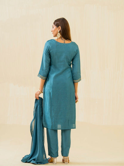 Teal Embroidered Calf Length Festive Kurti and Trousers With Dupatta - Buy Best Ethnic Wear for Women & Girls | Daily Woman - 