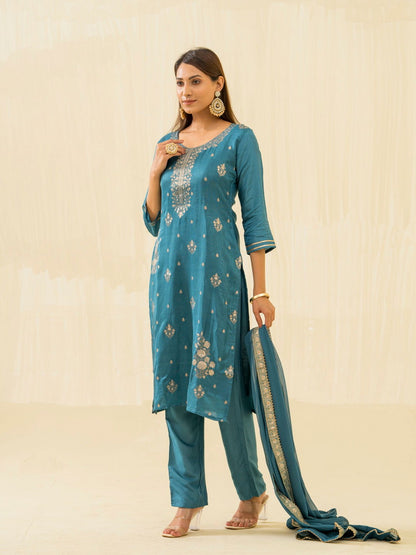 Teal Embroidered Calf Length Festive Kurti and Trousers With Dupatta - Buy Best Ethnic Wear for Women & Girls | Daily Woman - 