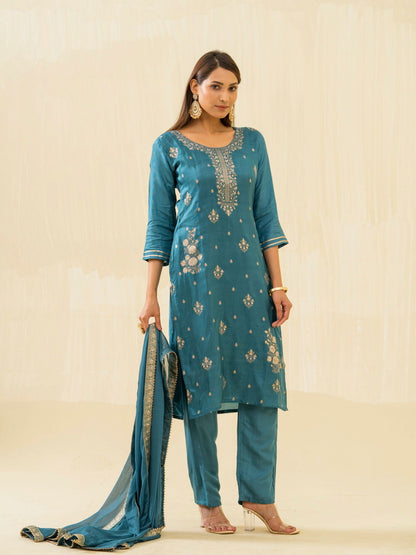 Teal Embroidered Calf Length Festive Kurti and Trousers With Dupatta - Buy Best Ethnic Wear for Women & Girls | Daily Woman - 