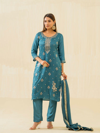 Teal Embroidered Calf Length Festive Kurti and Trousers With Dupatta - Buy Best Ethnic Wear for Women & Girls | Daily Woman - 