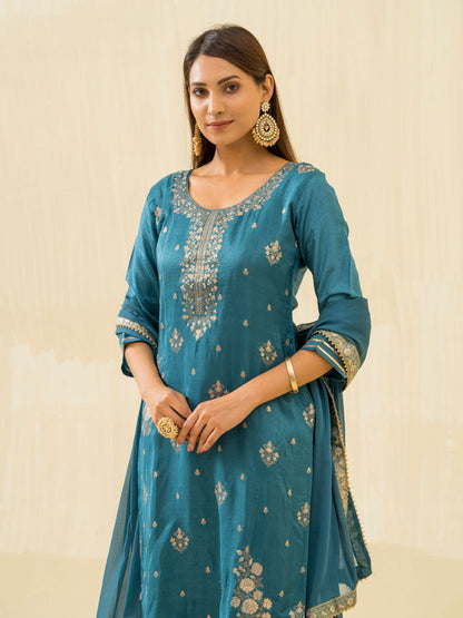 Teal Embroidered Calf Length Festive Kurti and Trousers With Dupatta - Buy Best Ethnic Wear for Women & Girls | Daily Woman - 
