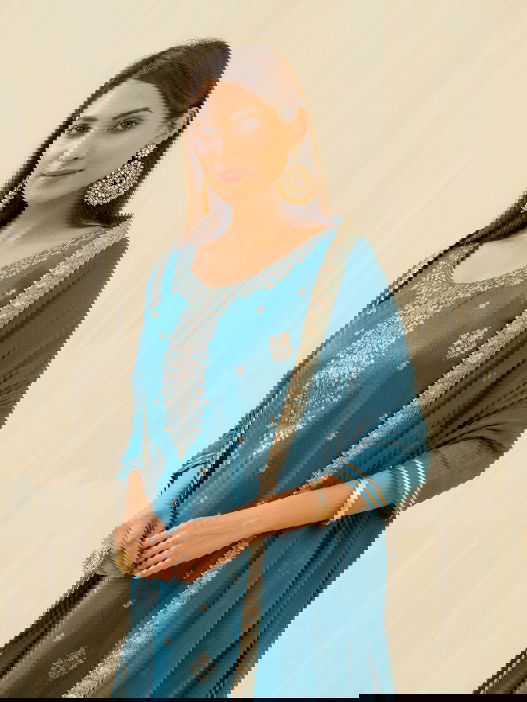 Teal Embroidered Calf Length Festive Kurti and Trousers With Dupatta - Buy Best Ethnic Wear for Women & Girls | Daily Woman - 