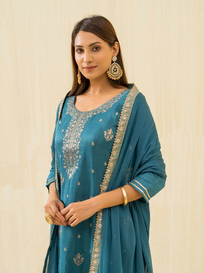 Teal Embroidered Calf Length Festive Kurti and Trousers With Dupatta - Buy Best Ethnic Wear for Women & Girls | Daily Woman - 