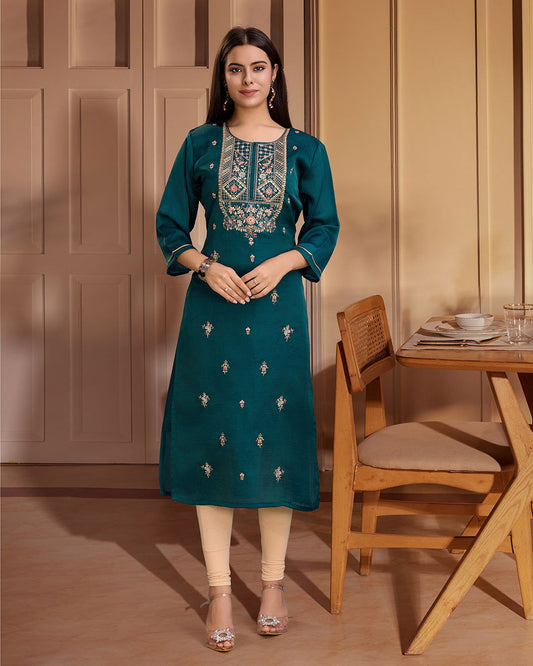 Teal  Ethnic Motifs Embroidered Straight Kurtas - Buy Best Ethnic Wear for Women & Girls | Daily Woman - 