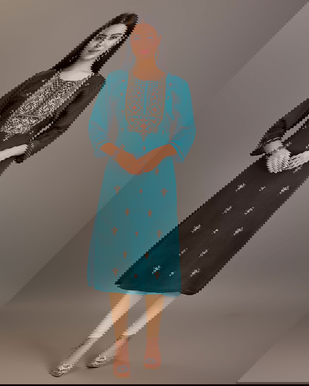 Teal  Ethnic Motifs Embroidered Straight Kurtas - Buy Best Ethnic Wear for Women & Girls | Daily Woman - 