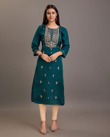 Teal  Ethnic Motifs Embroidered Straight Kurtas - Buy Best Ethnic Wear for Women & Girls | Daily Woman - 