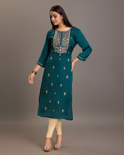 Teal  Ethnic Motifs Embroidered Straight Kurtas - Buy Best Ethnic Wear for Women & Girls | Daily Woman - 
