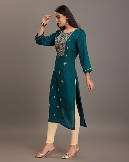 Teal  Ethnic Motifs Embroidered Straight Kurtas - Buy Best Ethnic Wear for Women & Girls | Daily Woman - 