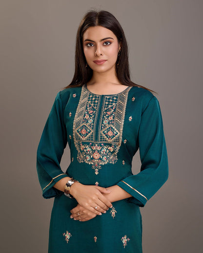 Teal  Ethnic Motifs Embroidered Straight Kurtas - Buy Best Ethnic Wear for Women & Girls | Daily Woman - 