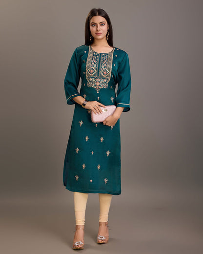 Teal  Ethnic Motifs Embroidered Straight Kurtas - Buy Best Ethnic Wear for Women & Girls | Daily Woman - 