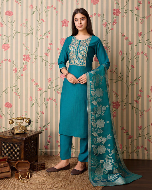 Teal Woven Design Yoke Design Straight Kurta Trousers With Dupatta - Buy Best Ethnic Wear for Women & Girls | Daily Woman - 
