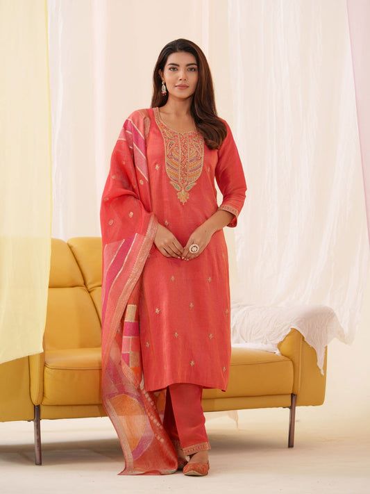 Tissue Orenge Color Woven Design Kurta With Trousers & Dupatta - Buy Best Ethnic Wear for Women & Girls | Daily Woman - 
