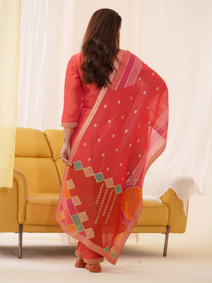 Tissue Orenge Color Woven Design Kurta With Trousers & Dupatta - Buy Best Ethnic Wear for Women & Girls | Daily Woman - 