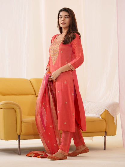 Tissue Orenge Color Woven Design Kurta With Trousers & Dupatta - Buy Best Ethnic Wear for Women & Girls | Daily Woman - 