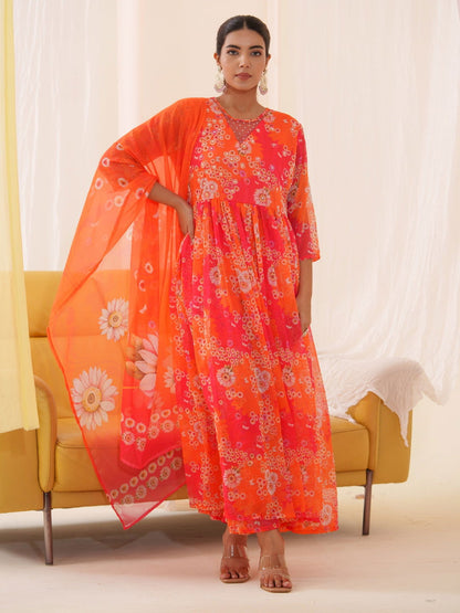 Tomato Chiffon Women Ethnic Motifs Embroidered Kurta With Trousers & Dupatta - Buy Best Ethnic Wear for Women & Girls | Daily Woman - 