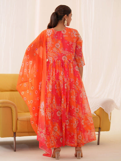 Tomato Chiffon Women Ethnic Motifs Embroidered Kurta With Trousers & Dupatta - Buy Best Ethnic Wear for Women & Girls | Daily Woman - 