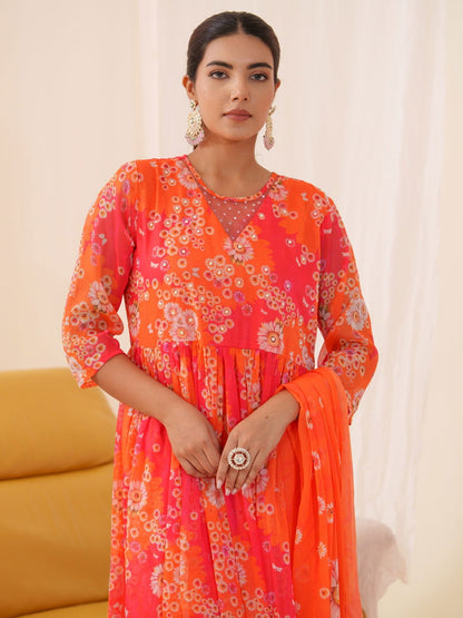 Tomato Chiffon Women Ethnic Motifs Embroidered Kurta With Trousers & Dupatta - Buy Best Ethnic Wear for Women & Girls | Daily Woman - 