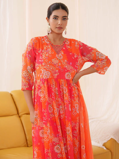 Tomato Chiffon Women Ethnic Motifs Embroidered Kurta With Trousers & Dupatta - Buy Best Ethnic Wear for Women & Girls | Daily Woman - 