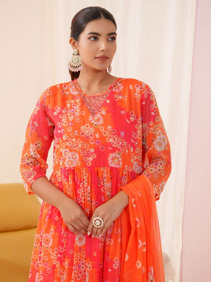 Tomato Chiffon Women Ethnic Motifs Embroidered Kurta With Trousers & Dupatta - Buy Best Ethnic Wear for Women & Girls | Daily Woman - 