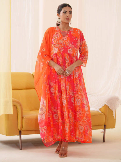 Tomato Chiffon Women Ethnic Motifs Embroidered Kurta With Trousers & Dupatta - Buy Best Ethnic Wear for Women & Girls | Daily Woman - 