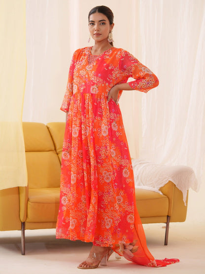 Tomato Chiffon Women Ethnic Motifs Embroidered Kurta With Trousers & Dupatta - Buy Best Ethnic Wear for Women & Girls | Daily Woman - 