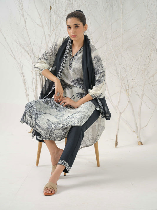 Tribal Printed Straight Linen Kurta With Trousers & Dupatta - Buy Best Ethnic Wear for Women & Girls | Daily Woman - 