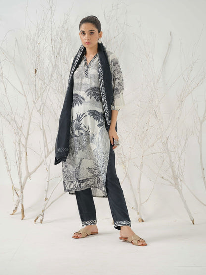 Tribal Printed Straight Linen Kurta With Trousers & Dupatta - Buy Best Ethnic Wear for Women & Girls | Daily Woman - 