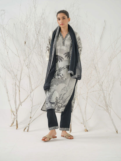 Tribal Printed Straight Linen Kurta With Trousers & Dupatta - Buy Best Ethnic Wear for Women & Girls | Daily Woman - 